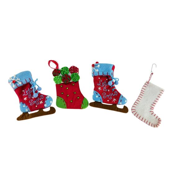 Vintage Let It Snow Mini Stocking Ornaments Set of 4 Felt Corduroy Style - Picture 6 of 11
